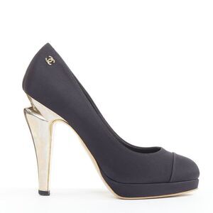 CHANEL 08A black satin gold sculpted metal bolt heel platform pumps EU37.5
